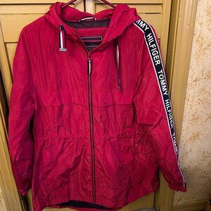 Tommy Hilfiger Womans  Red Hooded Windbreaker jacket w logo on sleeves  sz m